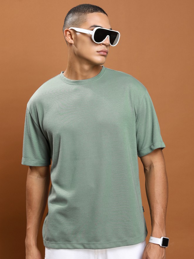 Ketch Men Olive Solid Round Neck Oversized Fit T-Shirt