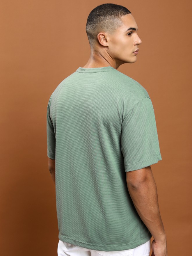 Ketch Men Olive Solid Round Neck Oversized Fit T-Shirt