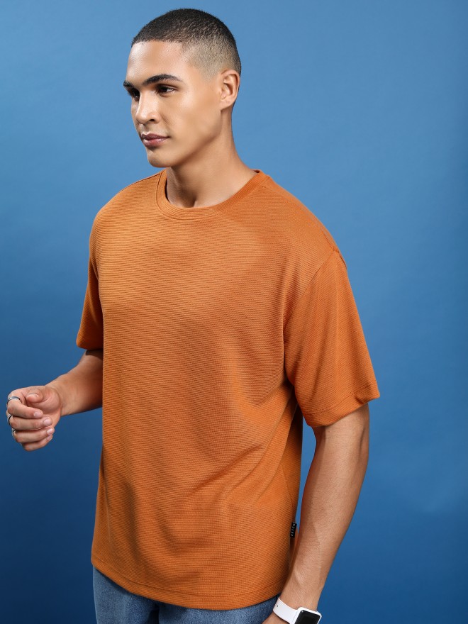 Ketch Men Rust Solid Round Neck Oversized Fit T-Shirt