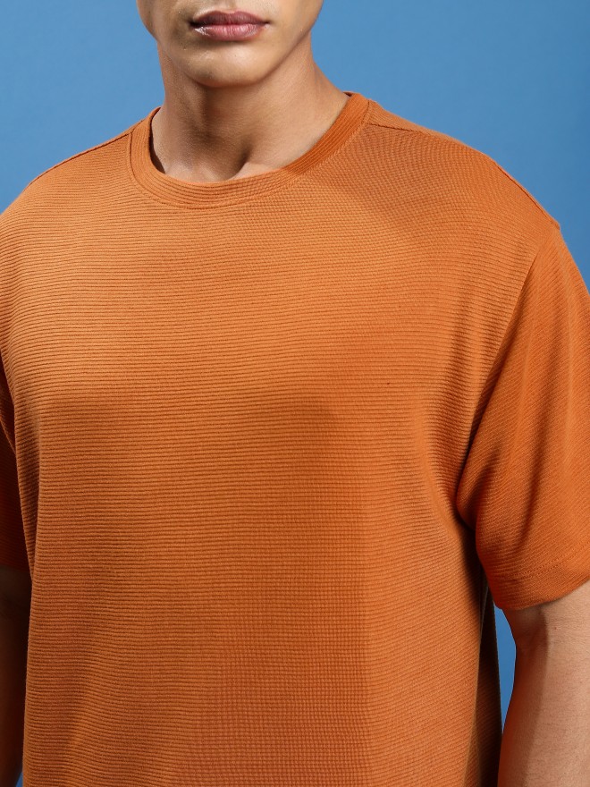 Ketch Men Rust Solid Round Neck Oversized Fit T-Shirt