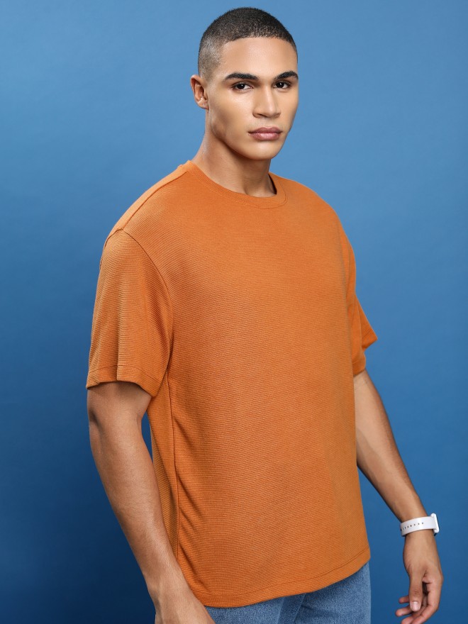 Ketch Men Rust Solid Round Neck Oversized Fit T-Shirt