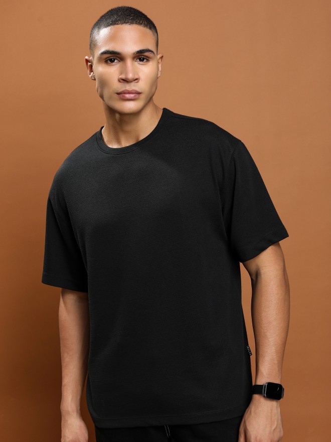 Buy Ketch Black Solid Round Neck Oversized Fit T-Shirt for Men Online ...