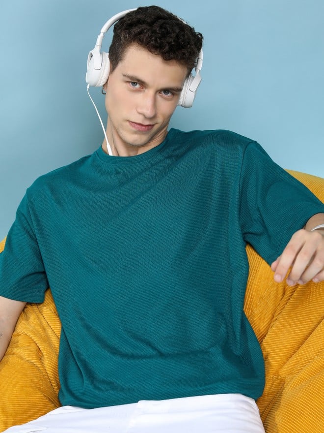 Ketch Men Teal Solid Round Neck Oversized Fit T-Shirt