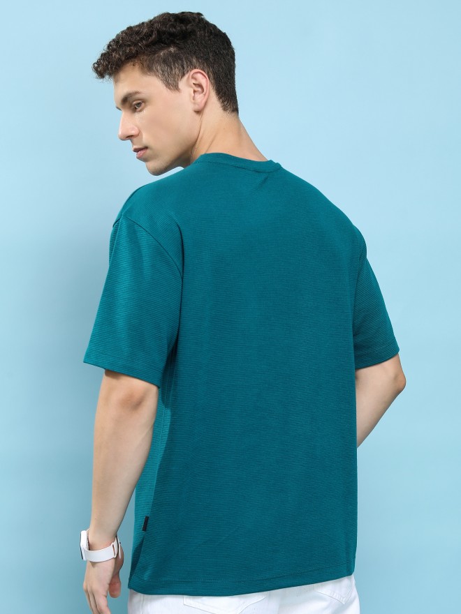 Ketch Men Teal Solid Round Neck Oversized Fit T-Shirt