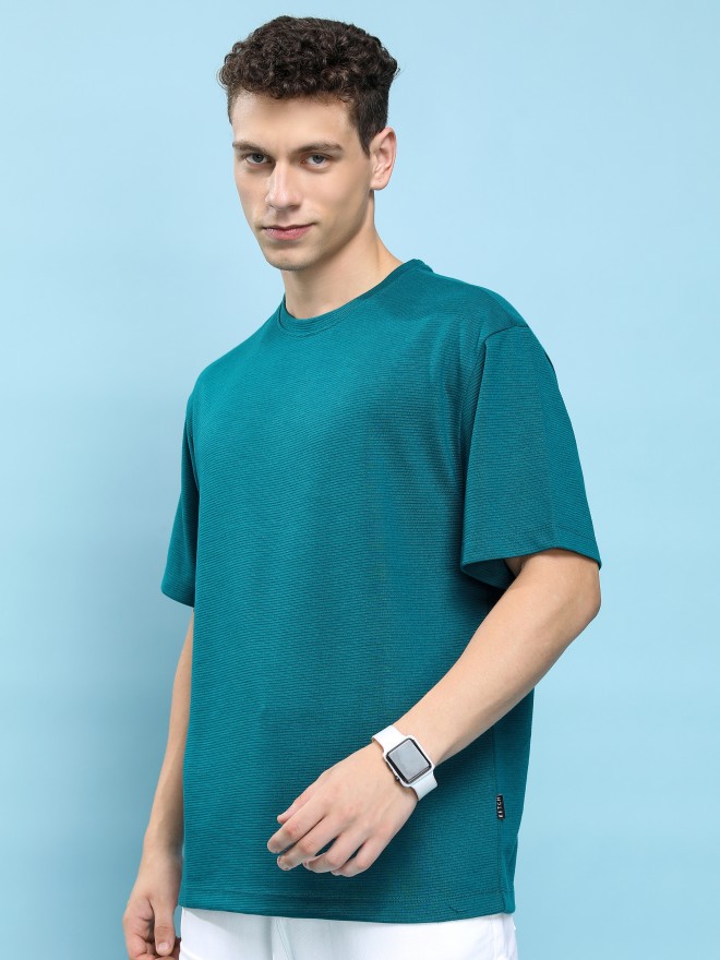 Ketch Men Teal Solid Round Neck Oversized Fit T-Shirt