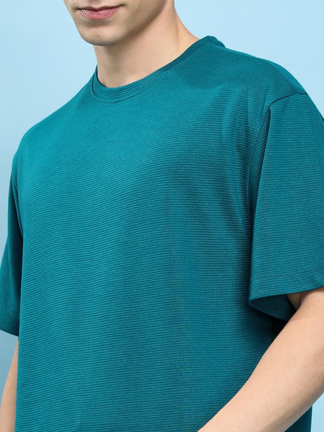 Ketch Men Teal Solid Round Neck Oversized Fit T-Shirt