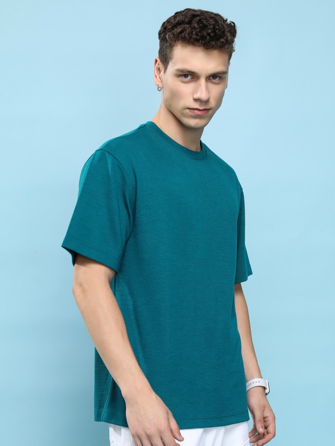 Ketch Men Teal Solid Round Neck Oversized Fit T-Shirt