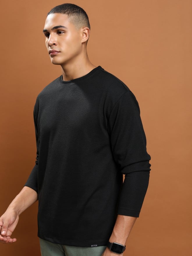 Buy Ketch Black Solid Round Neck Oversized Fit T-Shirt for Men Online ...