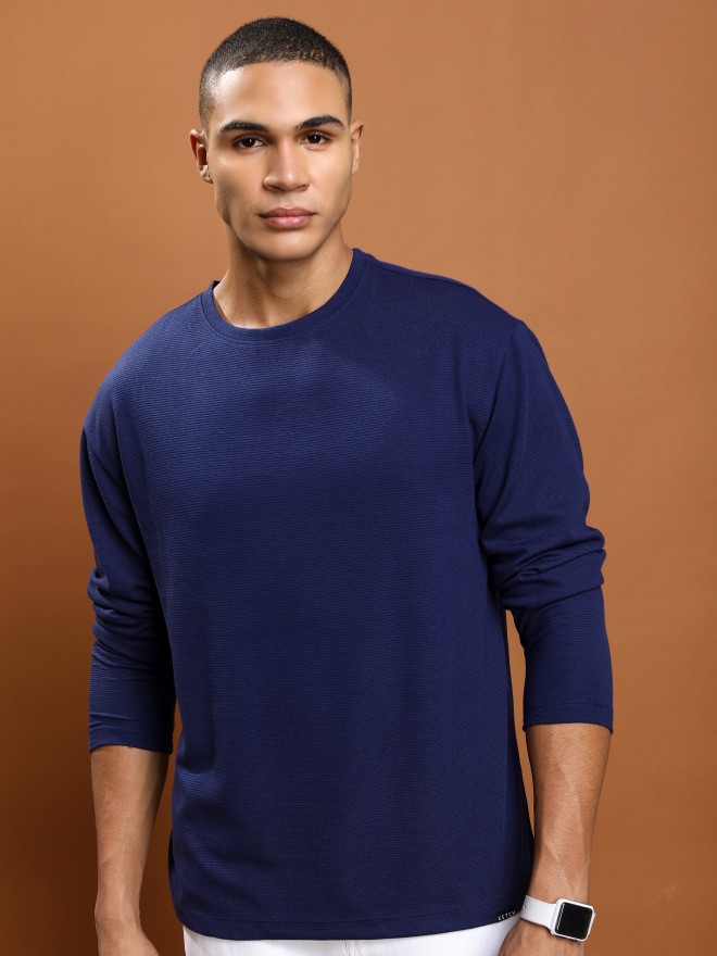 Ketch Men Navy Blue Solid Round Neck T-Shirts 