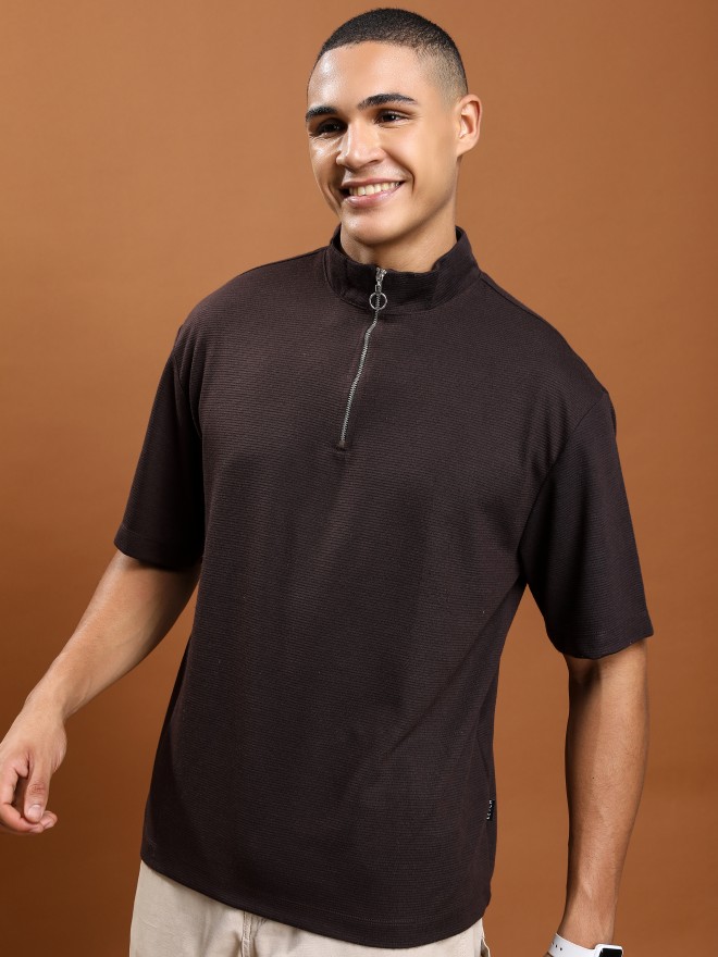 Ketch Men Brown Solid High Neck T-Shirts 