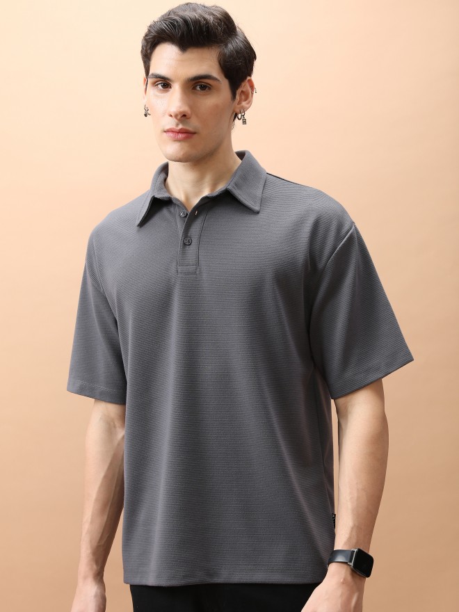 Buy Ketch Grey Solid Oversized Fit Polo Collar T-Shirt for Men Online ...