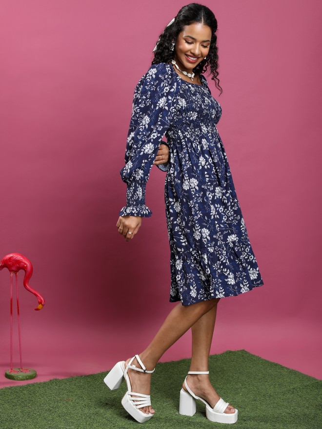 Tokyo Talkies Women Navy Blue Printed A-Line Dresses 