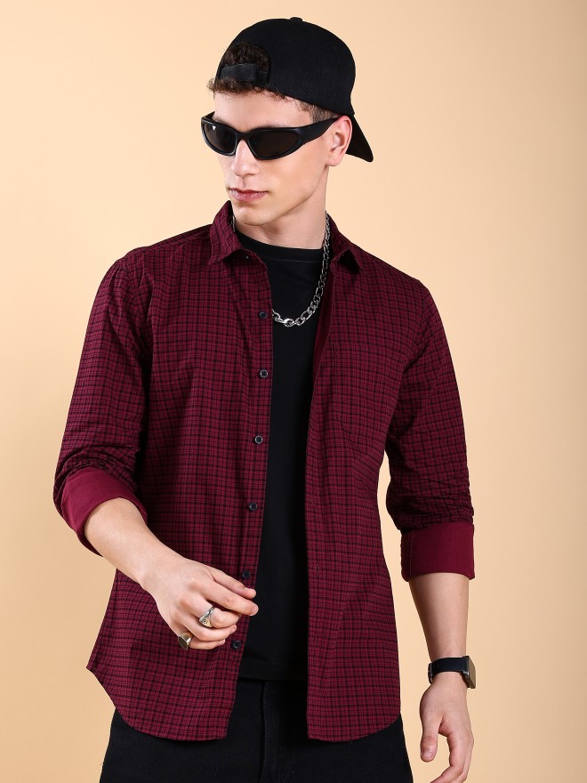 Highlander Men Maroon Checked Slim Fit Casual Shirts 