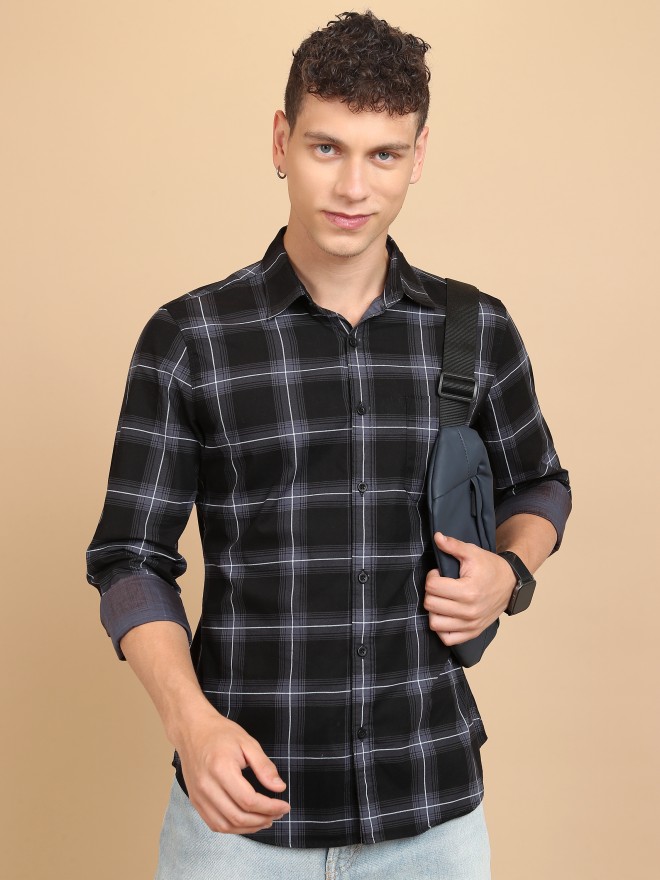 Buy Highlander Black/Grey Checked Slim Fit Casual Shirt for Men Online ...