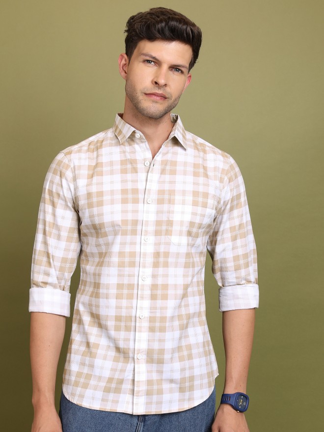 Highlander Men Beige Checked Slim Fit Casual Shirts 