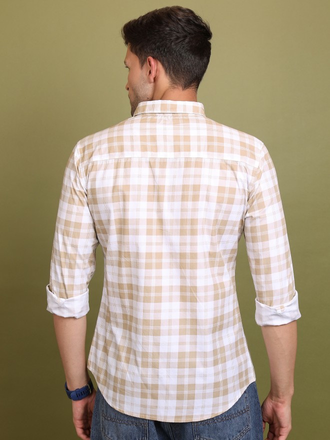 Highlander Men Beige Checked Slim Fit Casual Shirts 