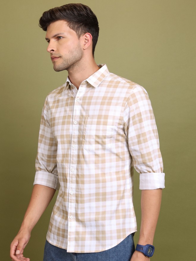 Highlander Men Beige Checked Slim Fit Casual Shirts 