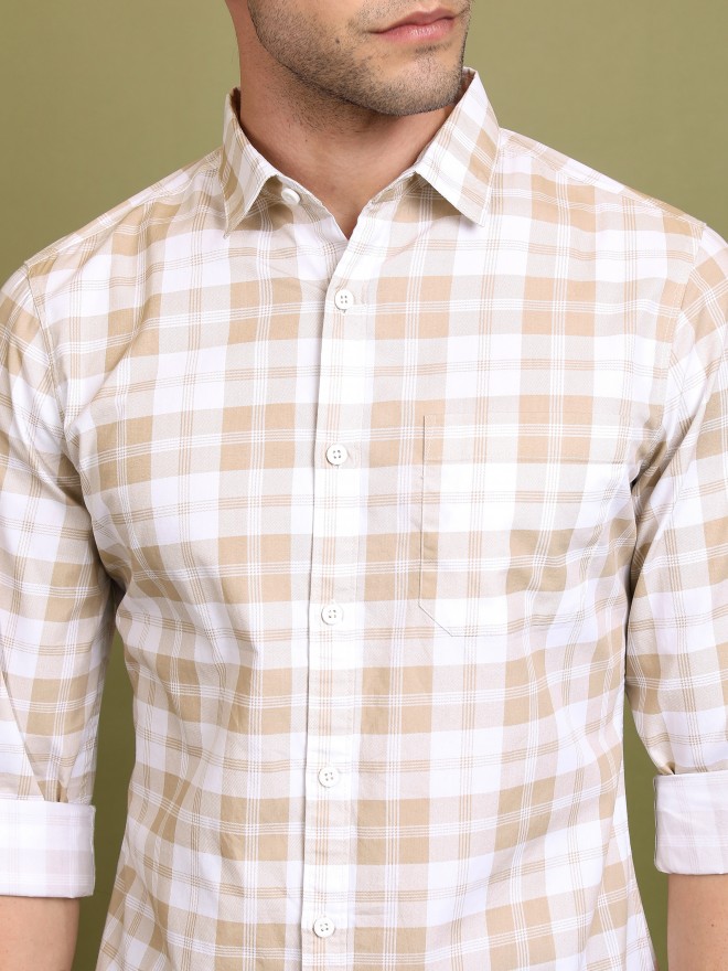 Highlander Men Beige Checked Slim Fit Casual Shirts 