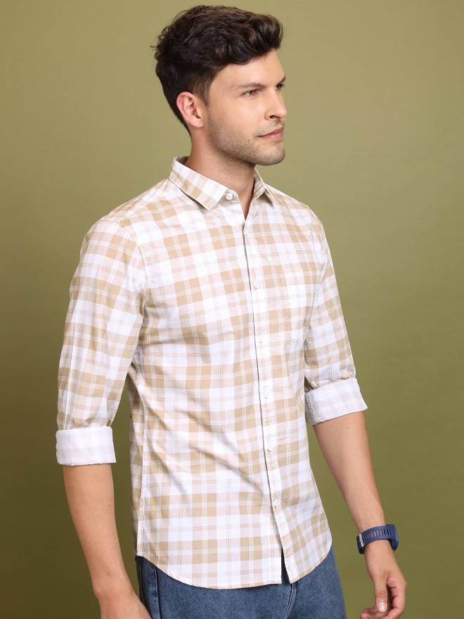 Highlander Men Beige Checked Slim Fit Casual Shirts 