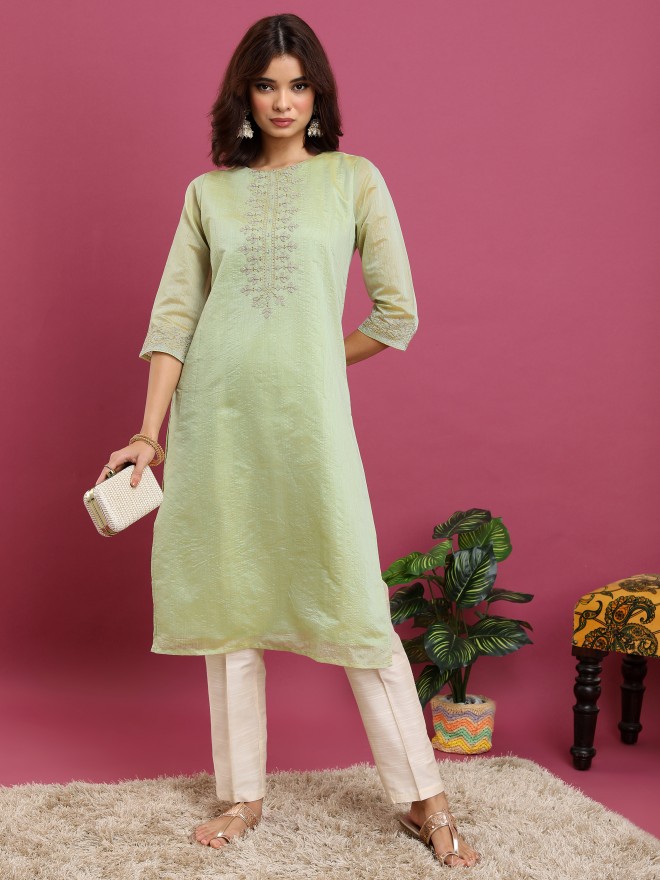 Vishudh Women Green Woven Design Straight Kurtas 