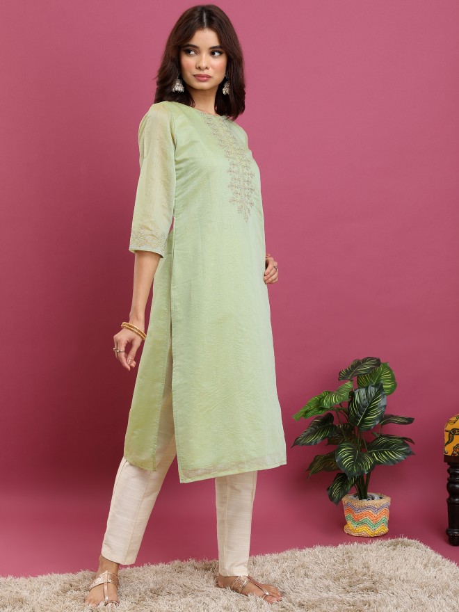 Vishudh Women Green Woven Design Straight Kurtas 