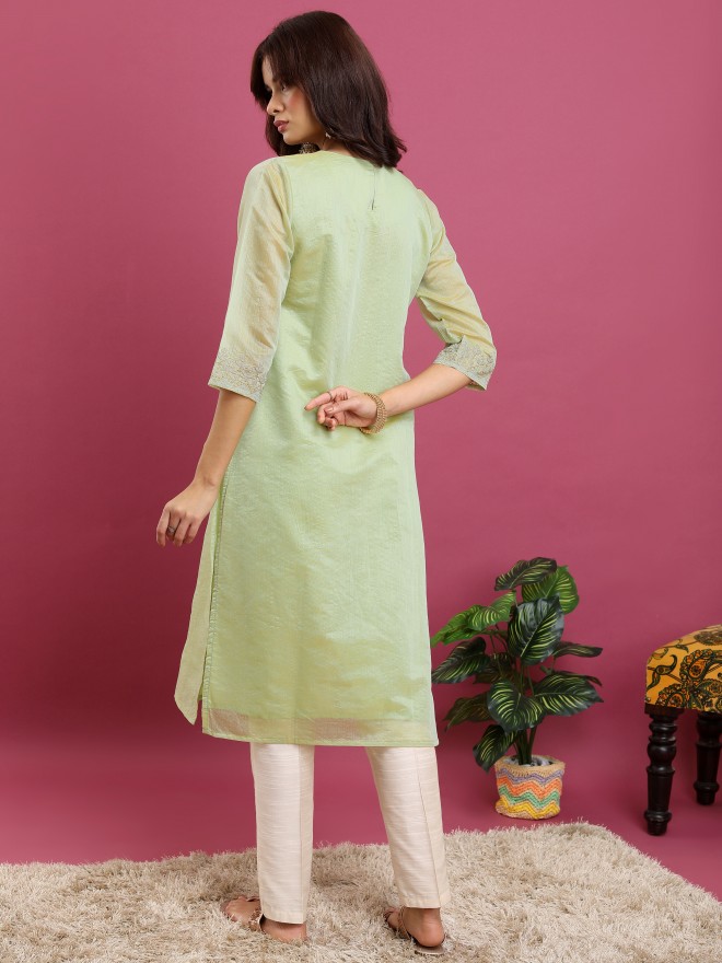 Vishudh Women Green Woven Design Straight Kurtas 