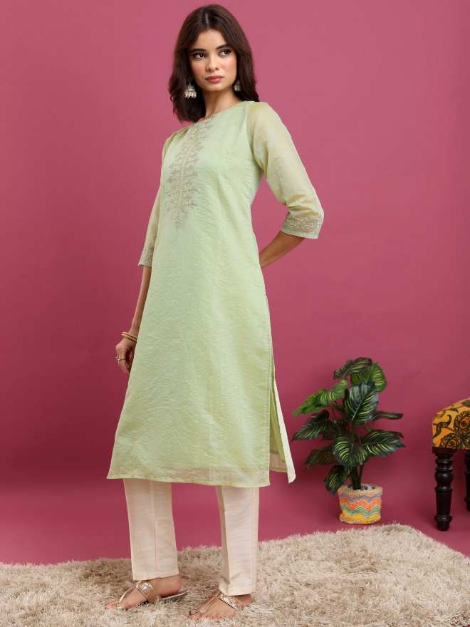 Vishudh Women Green Woven Design Straight Kurtas 