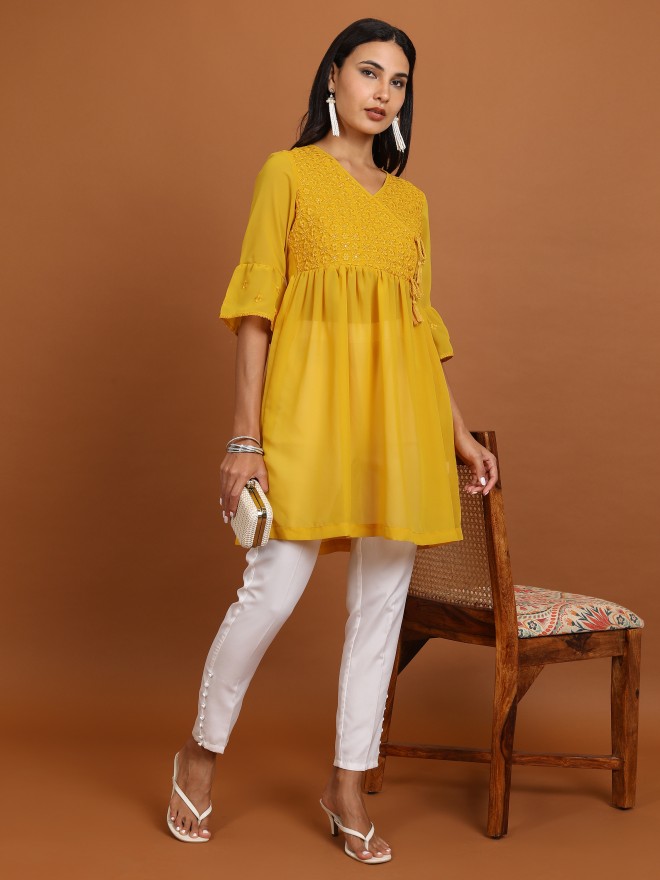 Ketch Women Mustard Embroidered Tunics 