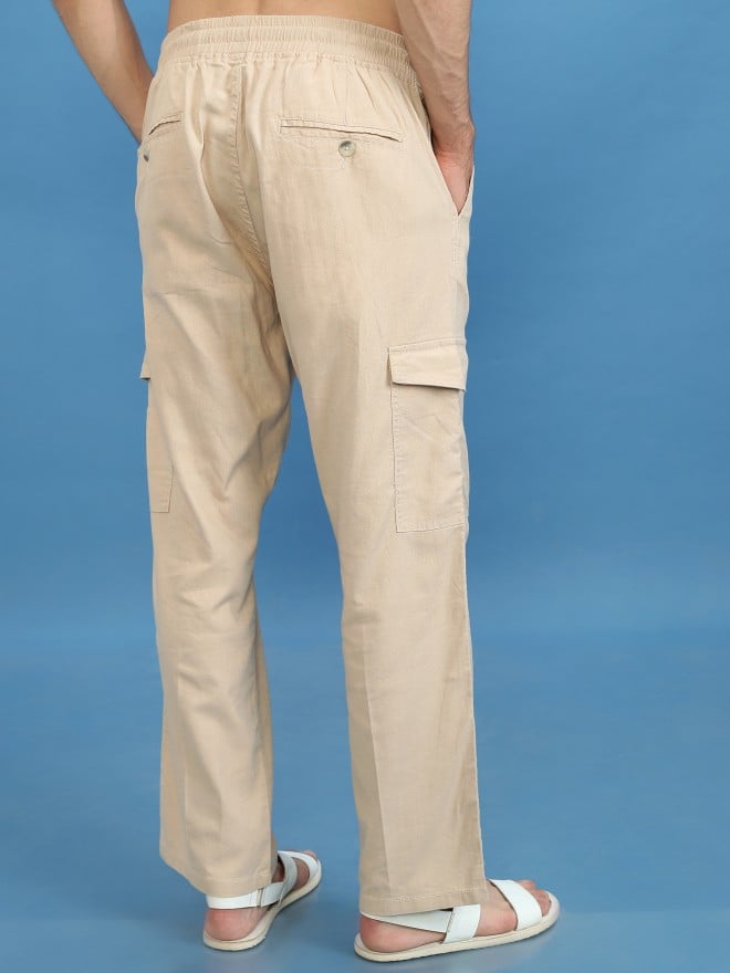 Highlander Men Beige Regular Fit Solid Casual Trousers Cargos 