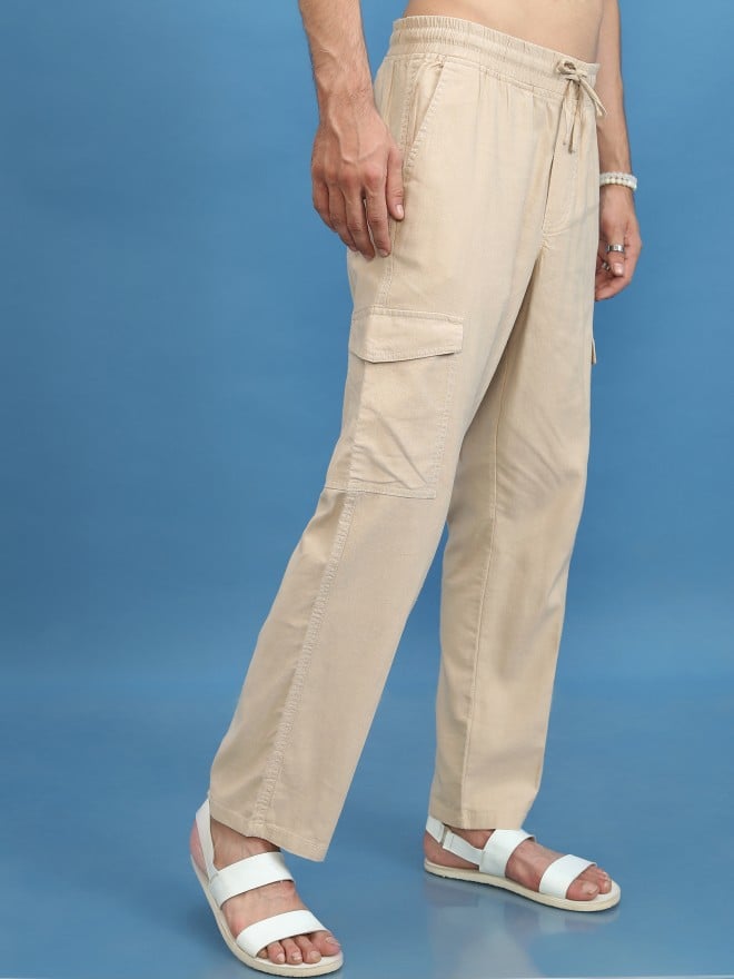 Highlander Men Beige Regular Fit Solid Casual Trousers Cargos 