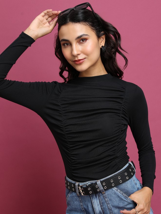 Tokyo Talkies Women Black Solid Fitted Tops 