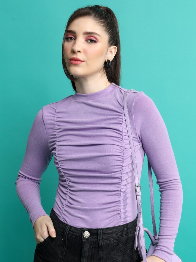 Tokyo Talkies Women Purple Solid Fitted Tops 