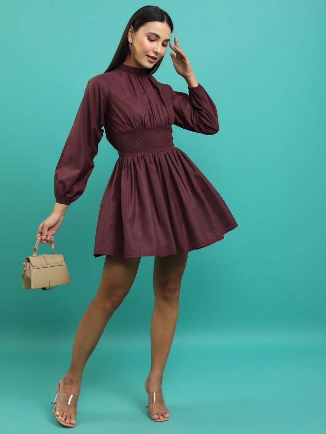 Tokyo Talkies Women Burgundy Solid Fit And Flare Dresses 