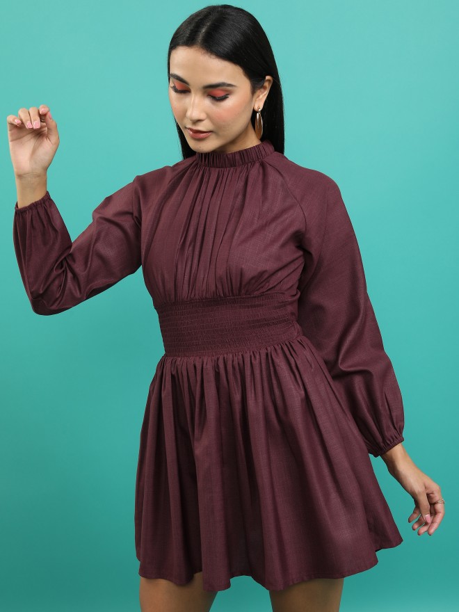 Tokyo Talkies Women Burgundy Solid Fit And Flare Dresses 