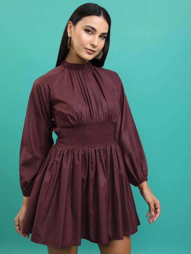 Tokyo Talkies Women Burgundy Solid Fit And Flare Dresses 