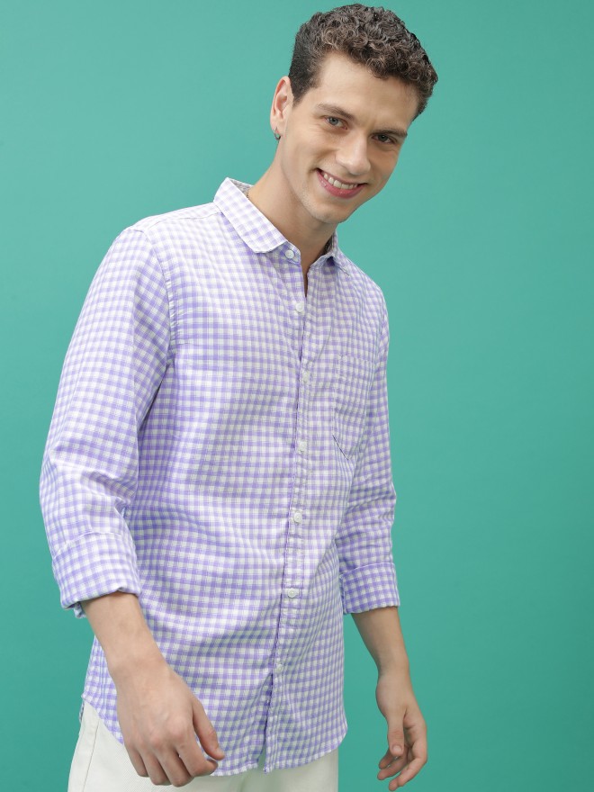 Highlander Men Lavender Checked Slim Fit Casual Shirts 