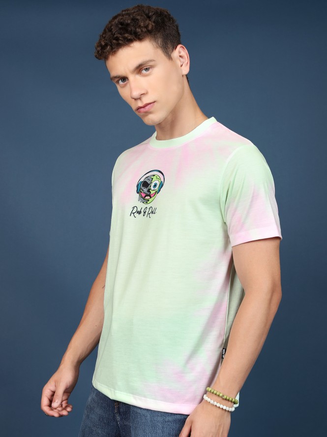 Highlander Men Lime Green/Pink Printed Oversized Fit T-Shirt