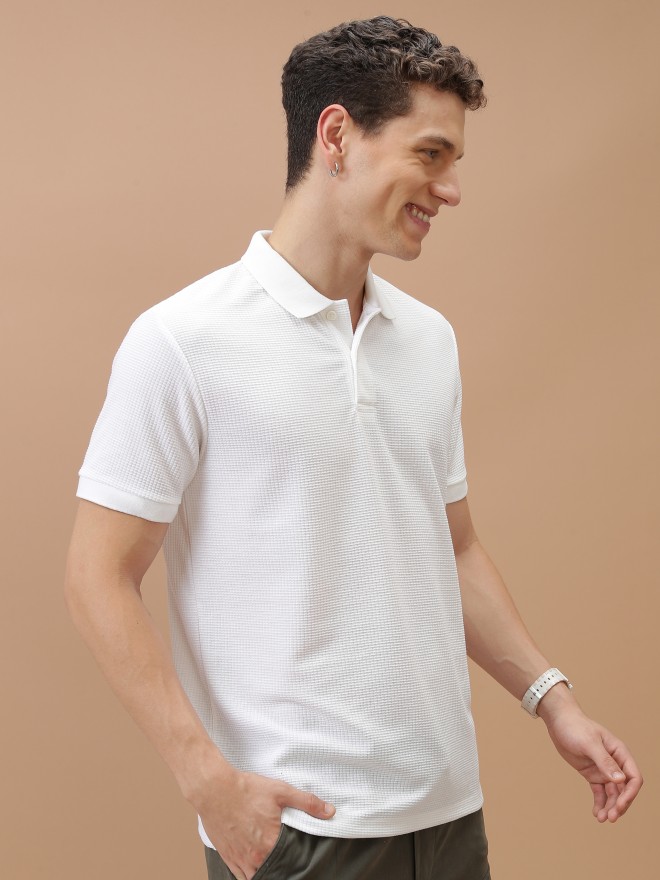 Highlander Men White Solid Polo Collar Polo T-Shirts 