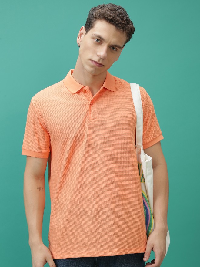 Highlander Men Orange Solid Polo Collar Polo T-Shirts 