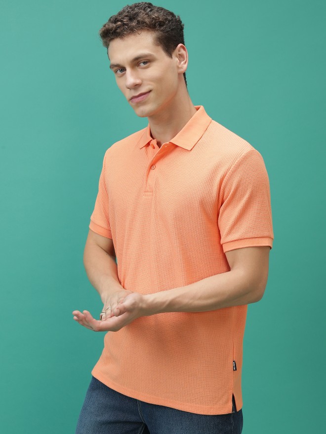 Highlander Men Orange Solid Polo Collar Polo T-Shirts 