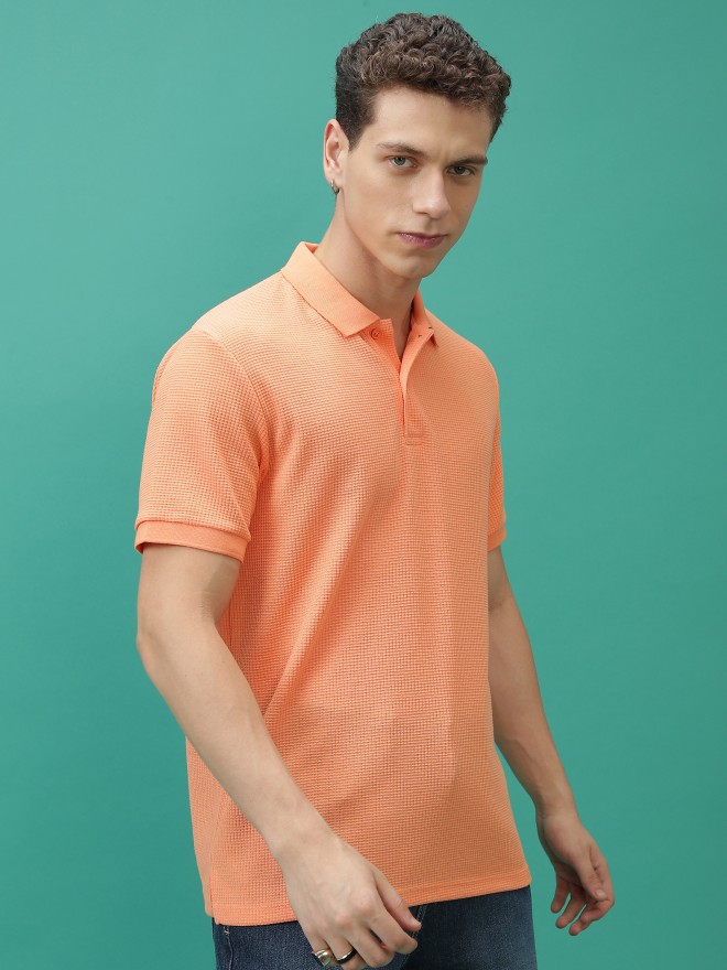 Highlander Men Orange Solid Polo Collar Polo T-Shirts 