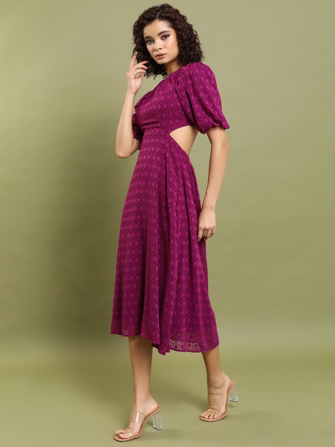 Buy Tokyo Talkies Maroon Self Design Fit And Flare Dress For Women