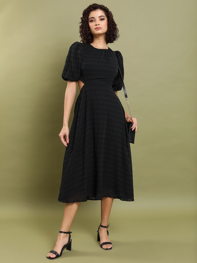 Buy Tokyo Talkies Black Self Design Fit And Flare Dress for Women