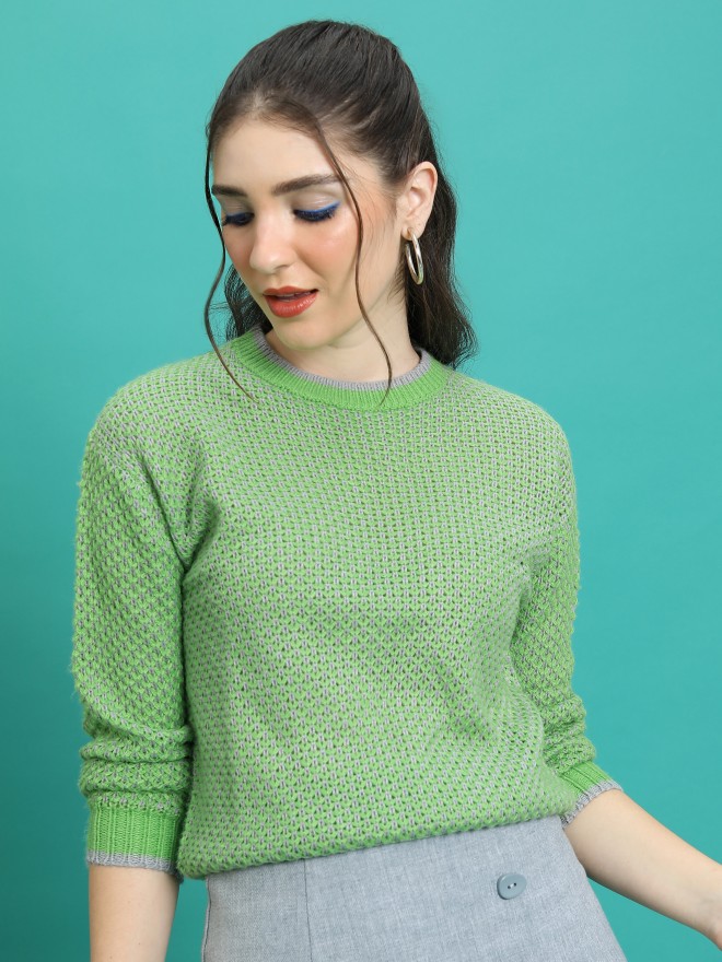 Tokyo Talkies Women Green Round Neck Sweaters 