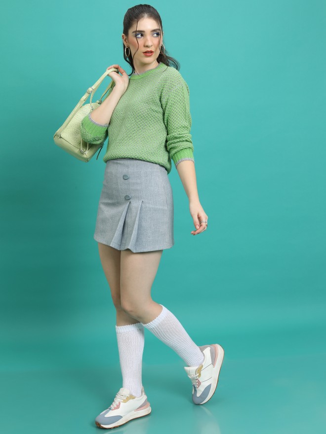 Tokyo Talkies Women Green Round Neck Sweaters 