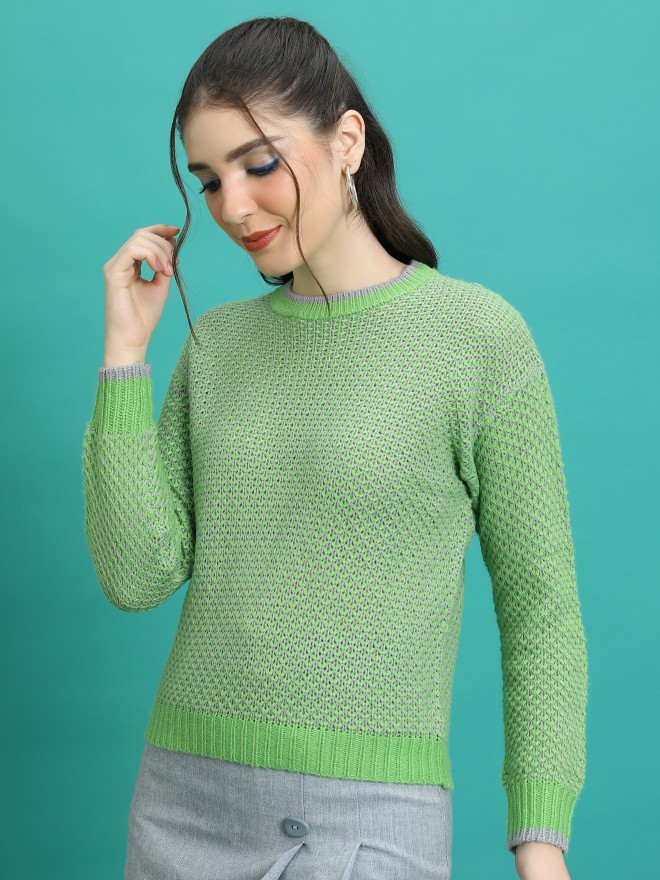 Tokyo Talkies Women Green Round Neck Sweaters 