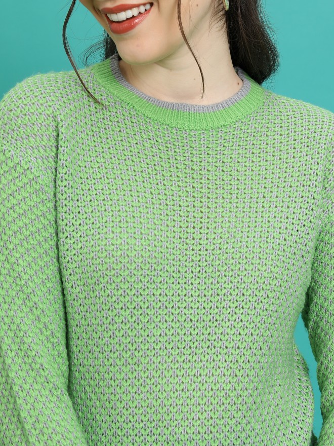 Tokyo Talkies Women Green Round Neck Sweaters 