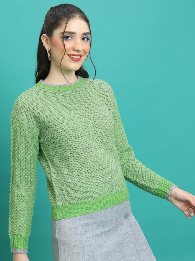 Tokyo Talkies Women Green Round Neck Sweaters 