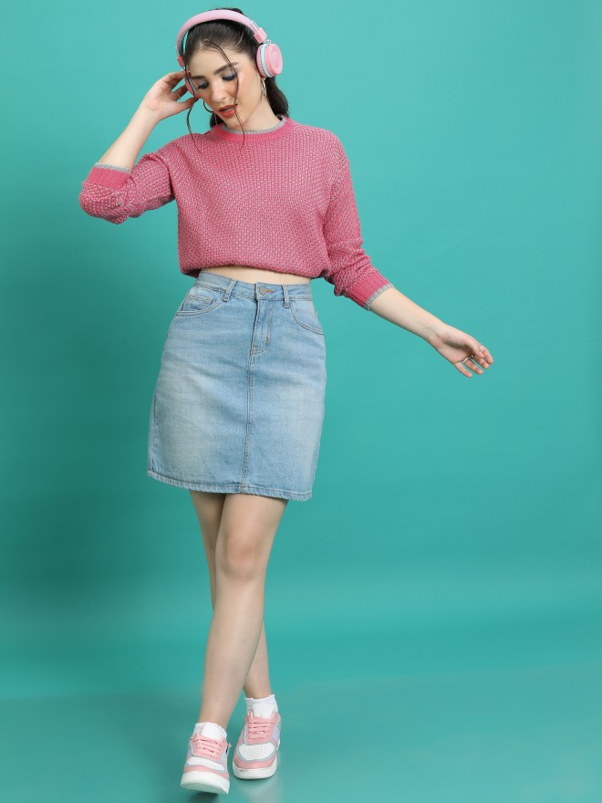 Tokyo Talkies Women Pink Round Neck Sweaters 