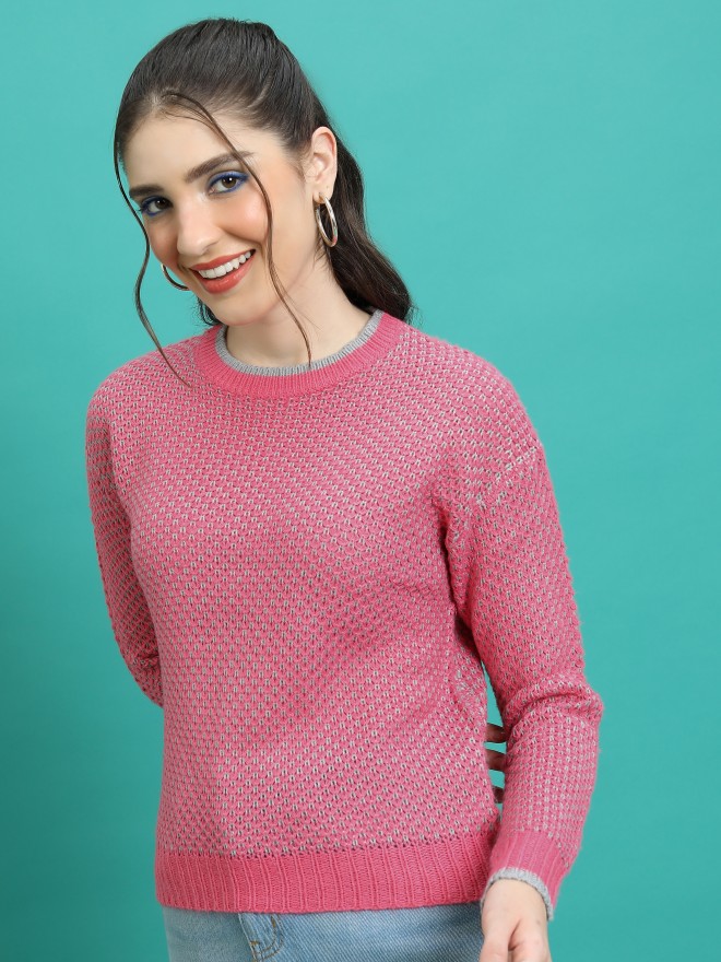 Tokyo Talkies Women Pink Round Neck Sweaters 